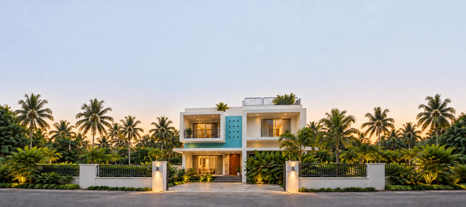 Completion visualization of the photographed white-and-turquoise home, with finished paving, landscaped gardens, and warm lighting
